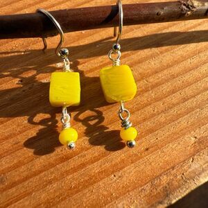 Yellow Square Glass Bead Dangle Drop Earrings with Stainless Steel Ear Wire